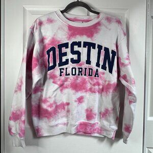 Womens Small Pink & White Tie Dye Destin Florida Graphic Crewneck Sweatshirt